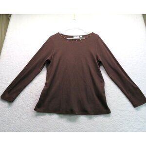 Quacker Factory T Shirt Sz Medium Rainbow Embellished Neckline Brown Long Sleeve